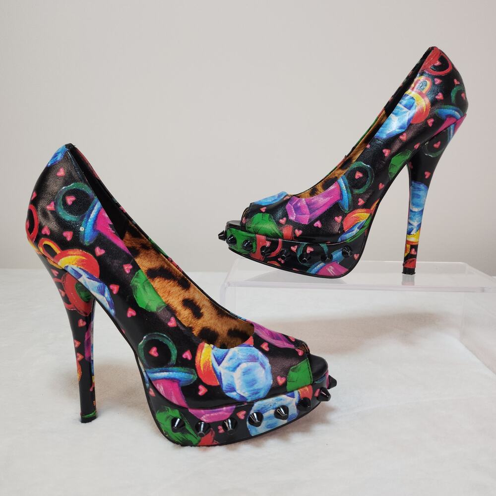 Vintage Y2k Iron Fist Scene Kidcore Whimsigoth Studded Heels 6 Black Peep Toe - Picture 2 of 8